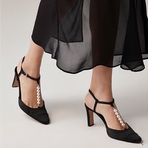 NWT J. Crew Made in Spain Jules Pearl-Strap Pumps in Black Satin. Size 7.5
